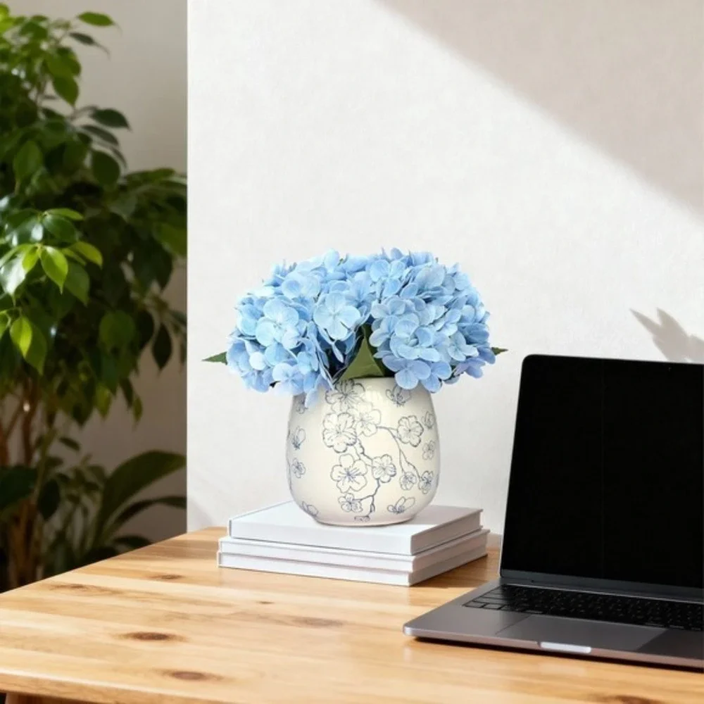 My Texas House Faux Hydrangeas Floral Vase, Blue White 9.5in • NWT